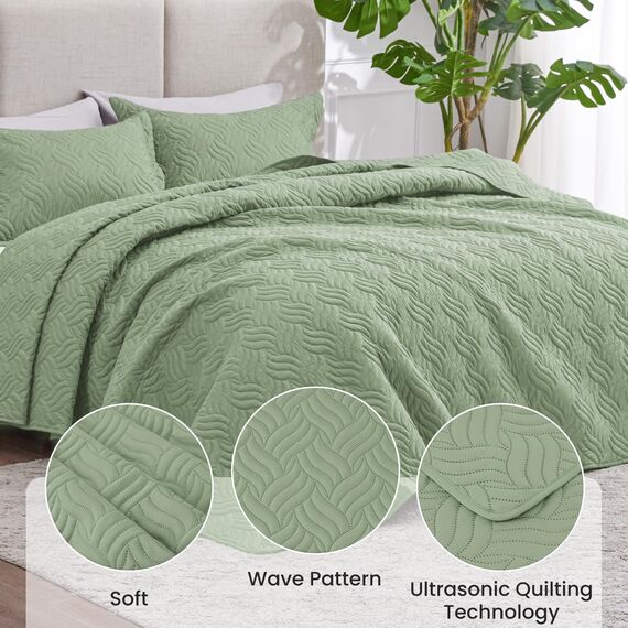 Love's cabin Steppdecken für Queensize-Bett, Salbei-Tagesdecken, Bettwäsche-Set, leichte Sommer-Tagesdecke, Steppdecke mit Wellenmuster für alle Jahreszeiten, 3-teilig (1 Steppdecke, 2 Kissenbezüge)