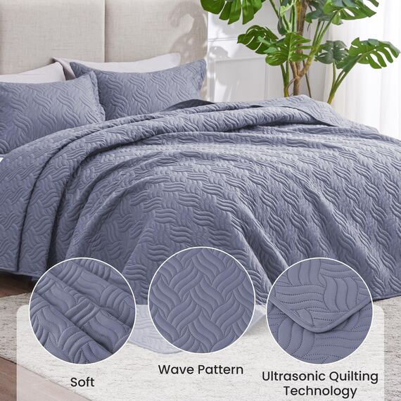 Love's cabin Bettwäsche-Set für Doppelbett, bläulich-graue Tagesdecken – weiche Sommerdecke, leichte Tagesdecke – Wellenmuster Bettwäsche für alle Jahreszeiten – 2-teilig (1 Steppdecke, 1 Kissenbezug)