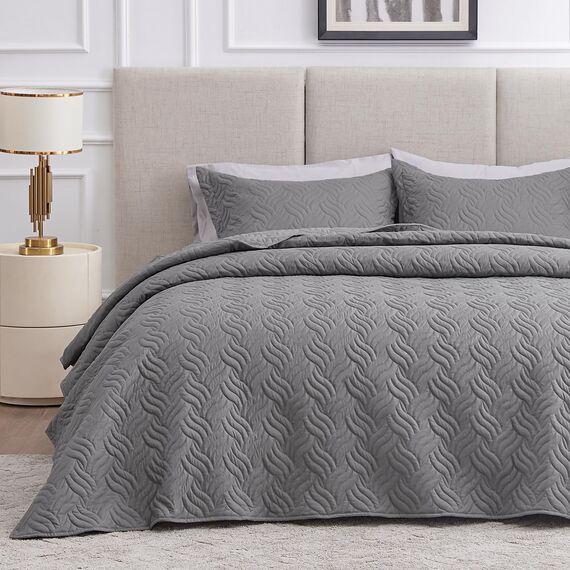 Love's cabin Bettwäsche-Set für Doppelbett, graue Tagesdecken – weiche Sommer-Tagesdecke, Steppdecke – Wellenmuster Bettwäsche für alle Jahreszeiten – 2-teilig (1 Steppdecke, 1 Kissenbezug)