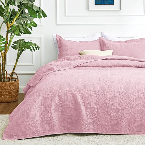 Love's cabin Bettwäsche-Set für King-Size-Betten, rosa Tagesdecken, weiche Sommerdecke, leichte Mikrofasertagesdecke, moderner Stil, Münzmuster, 3-teilig (1 Steppdecke, 2 Kissenbezüge)