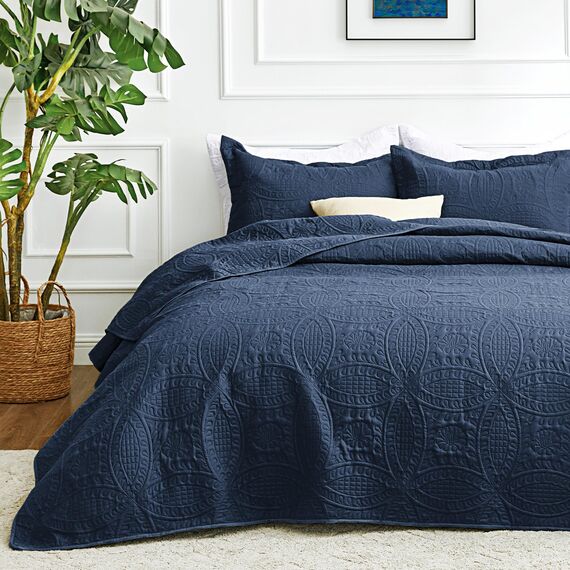 Love's cabin California King Size Bettwäsche-Set für King-Size-Betten, marineblau, leichte Sommer-Tagesdecke, Bettdecke mit Münzmuster für alle Jahreszeiten, 3-teilig (1 Steppdecke, 2 Kissenbezüge)