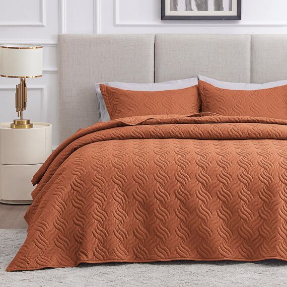 Love's cabin Bettwäsche-Set für King-Size-Bett, Umber-Tagesdecken – leichte Sommer-Tagesdecke, Steppdecke – Wellenmuster Bettwäsche für alle Jahreszeiten – 3-teilig (1 Steppdecke, 2 Kissenbezüge)