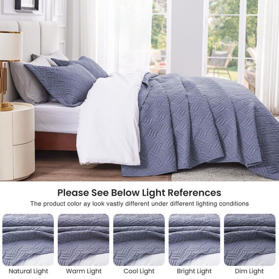 Love's cabin Bettwäsche-Set für King-Size-Betten, bläulich-graue Tagesdecken – leichte Sommer-Tagesdecke – Wellenmuster Bettwäsche für alle Jahreszeiten – 3-teilig (1 Steppdecke, 2 Kissenbezüge)