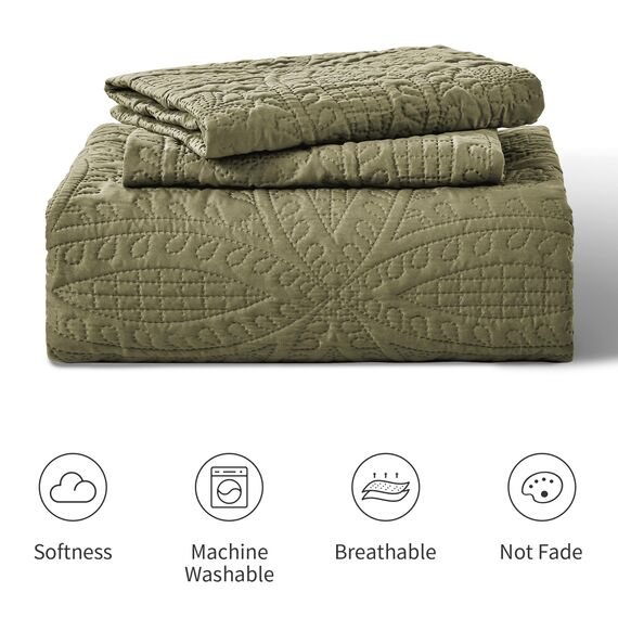 Love's cabin Bettwäsche-Set für King-Size-Betten, grüne Tagesdecken – leichte Sommer-Tagesdecke – Münzmuster Bettwäsche für alle Jahreszeiten – 3-teilig (1 Steppdecke, 2 Kissenbezüge)