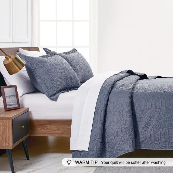 Love's cabin California-King-Size-Bettwäsche-Set, blaue Tagesdecken – weiche Sommer-Steppdecke, leichte Mikrofaser-Tagesdecke, moderner Stil, Münzmuster, Decke für alle Jahreszeiten, 3-teilig (1