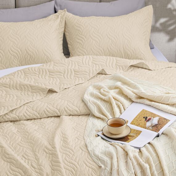 Love's cabin Bettwäsche-Set für Doppelbett, Kamel-Tagesdecken – weiche Sommer-Tagesdecke, leichte Tagesdecke – Wellenmuster Bettwäsche für alle Jahreszeiten – 2-teilig (1 Steppdecke, 1 Kissenbezug)