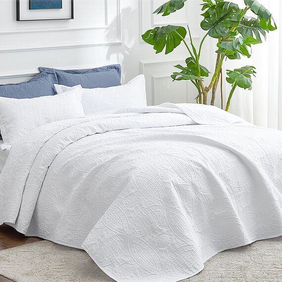 Love's cabin Tagesdecke 220x240 Weiß, Weiche Bett Quilt Leichte Mikrofaser Tagesdecken Bettüberwurf 220x240, Moderne Bedspread mit Münzmuster für alle Jahreszeiten