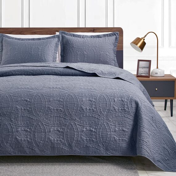 Love's cabin California-King-Size-Bettwäsche-Set, blaue Tagesdecken – weiche Sommer-Steppdecke, leichte Mikrofaser-Tagesdecke, moderner Stil, Münzmuster, Decke für alle Jahreszeiten, 3-teilig (1