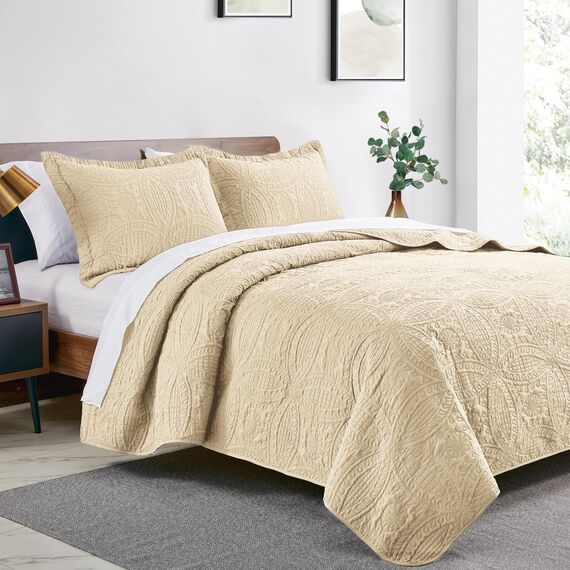 Love's cabin Steppdecken für Queensize-Bett, Kamel-Tagesdecken – weiche Herbst-Steppdecke, leichte Mikrofaser-Tagesdecke, moderner Stil, Münzmuster, Tagesdecke, für alle Jahreszeiten, 3-teilig (1
