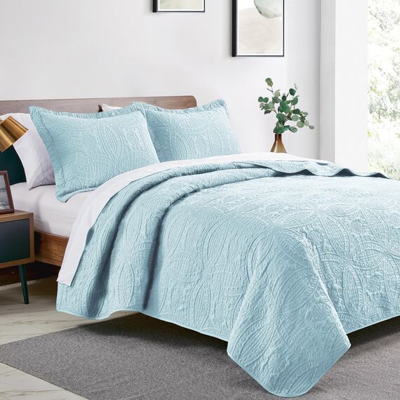 Love's cabin California King Size Bettwäsche-Set Spa-Blau Tagesdecken – weiche Sommer-Tagesdecke aus leichtem Polyester – moderner Stil mit Münzmuster für alle Jahreszeiten – 3-teilig (1 Steppdecke, 2