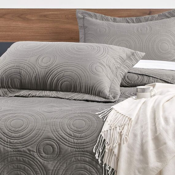 Love's cabin Steppdecken für Queen-Size-Bett, graue Tagesdecke, weiche Sommerdecke, leichte Mikrofasertagesdecke, moderner Stil, Kreismuster, alle Jahreszeiten, 3-teilig (1 Steppdecke, 2 Kissenbezüge)