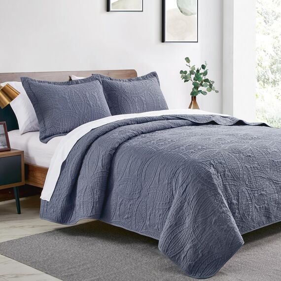 Love's cabin California-King-Size-Bettwäsche-Set, blaue Tagesdecken – weiche Sommer-Steppdecke, leichte Mikrofaser-Tagesdecke, moderner Stil, Münzmuster, Decke für alle Jahreszeiten, 3-teilig (1