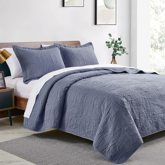 Love's cabin Quilts for Full Bed Blue Bedspreads Bedding Set - Summer Lightweight Bedspread Comforter - Coin Pattern Bedding Coverlet for All Season - 3 Pieces (1 Quilt, 2 Pillow Shams)