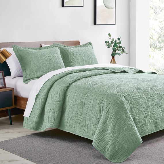 Love's cabin Quilts for Queen Bed Sage Bedspreads - Soft Bed Summer Quilt Lightweight Microfiber Bedspread- Modern Style Coin Pattern Coverlet for All Season - 3 Piece (1 Quilt, 2 Pillow Shams)