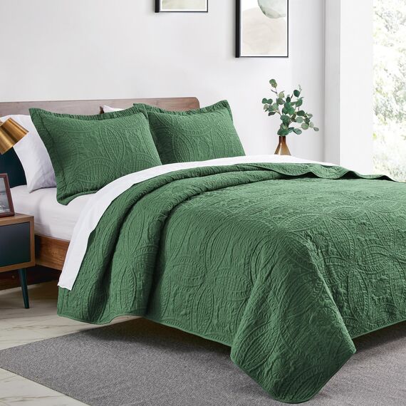 Love's cabin Tagesdecke 220x240 Olivgrün, Weiche Bett Quilt Leichte Mikrofaser Tagesdecken Bettüberwurf 220x240, Moderne Bedspread mit Münzmuster für alle Jahreszeiten