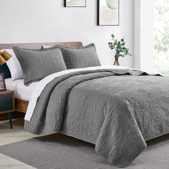 Love's cabin Steppdecken für Queen-Size-Bett, graue Tagesdecke, weiche Sommerdecke, leichte Mikrofasertagesdecke, moderner Stil, Münzmuster, 3-teilig (1 Steppdecke, 2 Kissenbezüge)