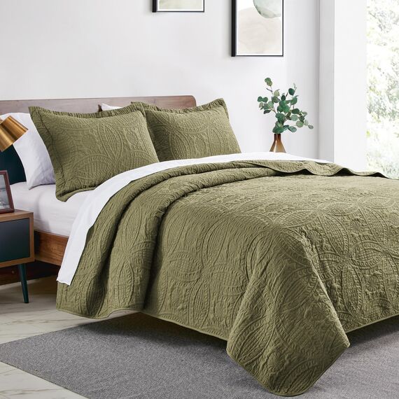 Love's cabin Bettwäsche-Set für King-Size-Betten, grüne Tagesdecken – leichte Sommer-Tagesdecke – Münzmuster Bettwäsche für alle Jahreszeiten – 3-teilig (1 Steppdecke, 2 Kissenbezüge)