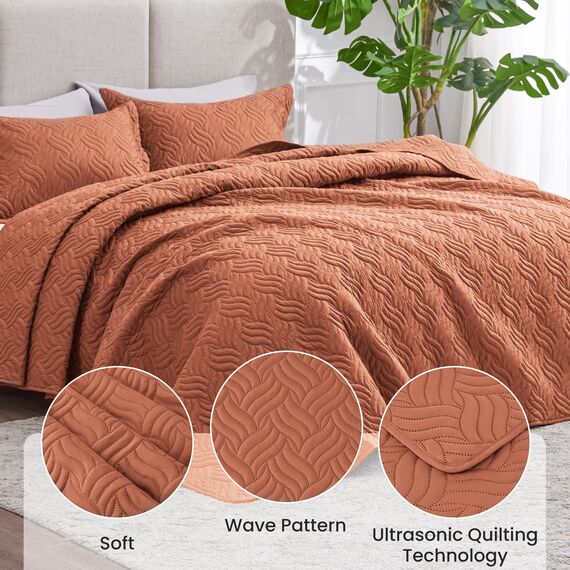 Love's cabin Quilts for Queen Bed Umber Bedspreads Bedding Set - Summer Lightweight Bedspread Comforter - Wave Pattern Bedding Coverlet for All Season - 3-teilig (1 Steppdecke, 2 Kissenbezüge)