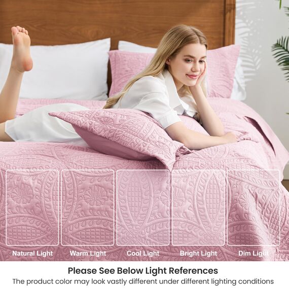 Love's cabin Bettwäsche-Set für King-Size-Betten, rosa Tagesdecken, weiche Sommerdecke, leichte Mikrofasertagesdecke, moderner Stil, Münzmuster, 3-teilig (1 Steppdecke, 2 Kissenbezüge)