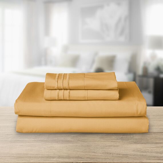 Elegant Comfort Luxuriöses 1500 Premium-Bettwäsche-Set aus Mikrofaser in Hotelqualität, dreireihig Bestickt, weichstes 4-teiliges Bettlaken-Set, Knitter- und lichtbeständig, Twin/Twin XL, Kamel-Gold