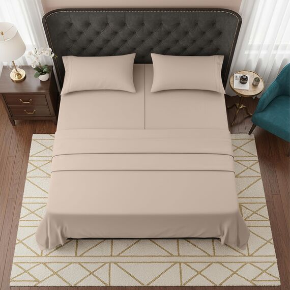 Elegant Comfort Luxuriöses 1500 Premium-Bettlaken-Set, Hotelqualität, Mikrofaser, dreireihig, Bestickt, weich, 5-teilig, Knitter- und lichtbeständig, geteiltes Kingsize-Bett, cremefarben