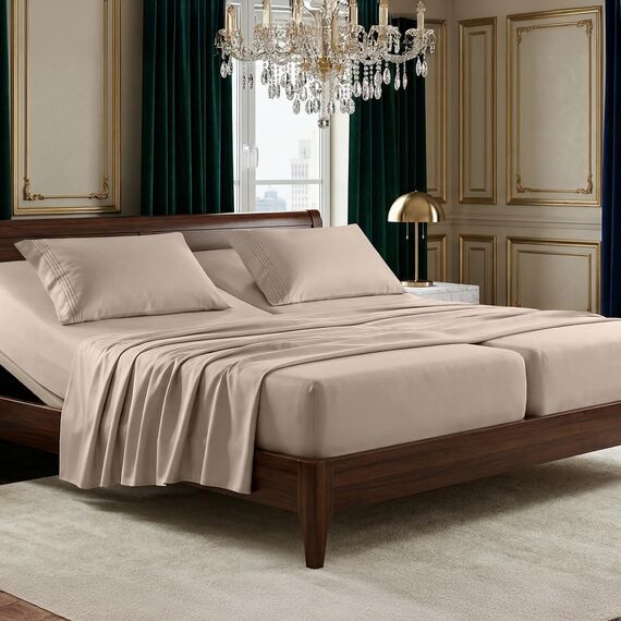 Elegant Comfort Luxuriöses 1500 Premium-Bettlaken-Set, Hotelqualität, Mikrofaser, dreireihig, Bestickt, weich, 5-teilig, Knitter- und lichtbeständig, geteiltes Kingsize-Bett, cremefarben