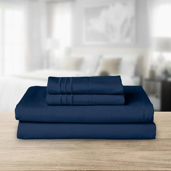 Elegant Comfort Luxuriöses 1500 Premium-Bettwäsche-Set aus Mikrofaser in Hotelqualität, dreireihig, Bestickt, weichstes 4-teiliges Bettlaken-Set, Knitter- und lichtbeständig, Twin/Twin XL, Marineblau