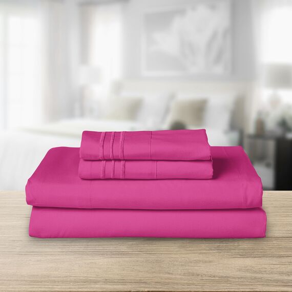 Elegant Comfort Luxuriöses 1500 Premium-Bettwäsche-Set aus Mikrofaser in Hotelqualität, dreireihig, Bestickt, weichstes 4-teiliges Bettlaken-Set, Knitter- und lichtbeständig, Queen, Knallrosa