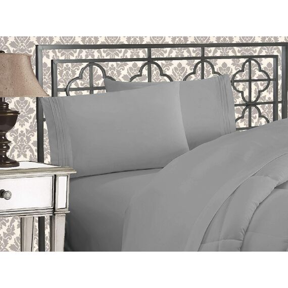 Elegant Comfort Luxuriöses 1500 Premium-Bettwäsche-Set, Mikrofaser, Hotelqualität, dreireihig, bestickt, weichste 4-teilges Bettlaken-Set, knitter- und lichtbeständig, California King, Silber-Hellgrau