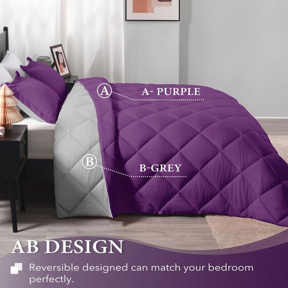 downluxe Bettwäsche-Set für Queen-Size-Betten, weiche Bettwäsche für alle Jahreszeiten, 3-teilig, 1 Bettdecke (223,5 x 233,7 cm) und 2 Kissenbezüge (50,8 x 66 cm), Violett und Grau