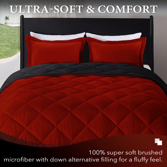 downluxe Leichtes, solides Bettdecken-Set (Doppelbett) mit 1 Kissenbezug – 2-teiliges Set – Rot und Schwarz – Daunenalternative Wendedecke