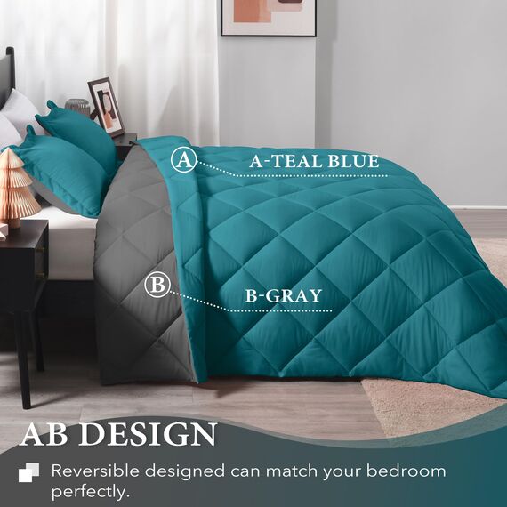 downluxe Bettwäsche-Set für California-King-Size-Bett, weiches Bettwäsche-Set für alle Jahreszeiten, 1 Bettdecke (264,2 x 243,8 cm) und 2 Kissenbezüge (50,8 x 91,4 cm), Ozeanblau und Grau