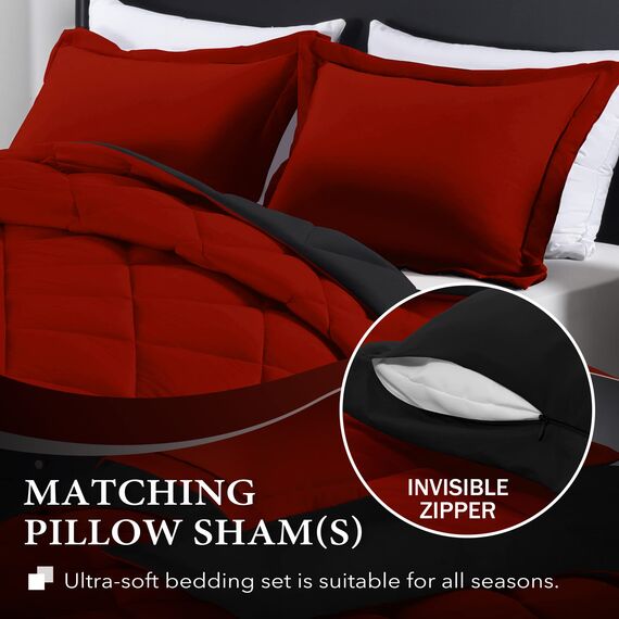 downluxe Leichtes, solides Bettdecken-Set (Doppelbett) mit 1 Kissenbezug – 2-teiliges Set – Rot und Schwarz – Daunenalternative Wendedecke