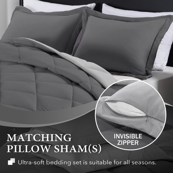 downluxe Bettwäsche-Set für King-Size-Betten, weiches Bettwäsche-Set für alle Jahreszeiten, 1 Bettdecke (264,2 x 233,7 cm) und 2 Kissenbezüge (50,8 x 91,4 cm), Anthrazit und Grau