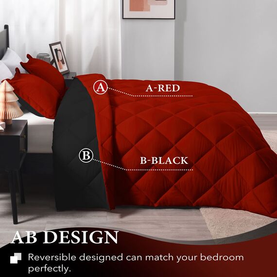 downluxe Leichtes, solides Bettdecken-Set (Doppelbett) mit 1 Kissenbezug – 2-teiliges Set – Rot und Schwarz – Daunenalternative Wendedecke