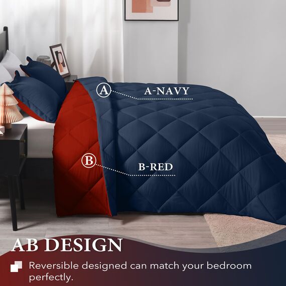 downluxe Bettwäsche-Set für King-Size-Bett, weiches Bettwäsche-Set für alle Jahreszeiten, 1 Bettdecke (264,2 x 233,7 cm) und 2 Kissenbezüge (50,8 x 91,4 cm), Rot und Marineblau