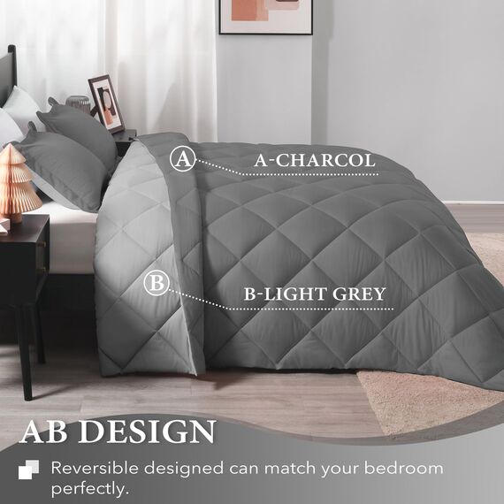downluxe Bettwäsche-Set für King-Size-Betten, weiches Bettwäsche-Set für alle Jahreszeiten, 1 Bettdecke (264,2 x 233,7 cm) und 2 Kissenbezüge (50,8 x 91,4 cm), Anthrazit und Grau