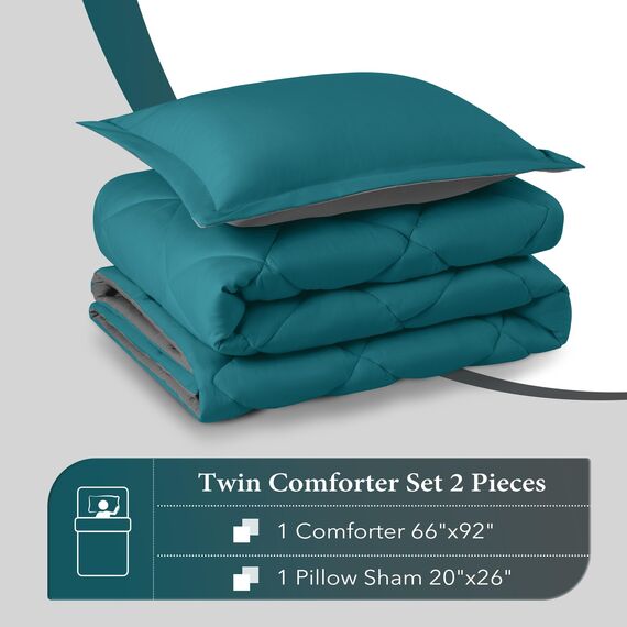 downluxe Bettwäsche-Set für Twin-Size-Betten, weiche Bettwäsche für alle Jahreszeiten, 1 Bettdecke (167,6 x 233,7 cm) und 1 Kissenbezug (50,8 x 66 cm), Ozeanblau und Grau