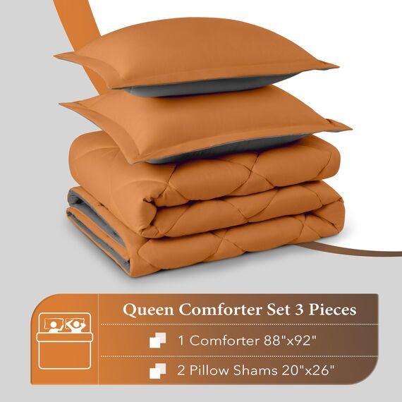 downluxe Queen-Bettwäsche-Set – Burnt Orange und Grey Queen-Bettdecke, weiche Bettwäsche-Sets für alle Jahreszeiten, 3-teilig, 1 Bettdecke (223,5 x 233,7 cm) und 2 Kissenbezüge (50,8 x 66 cm)