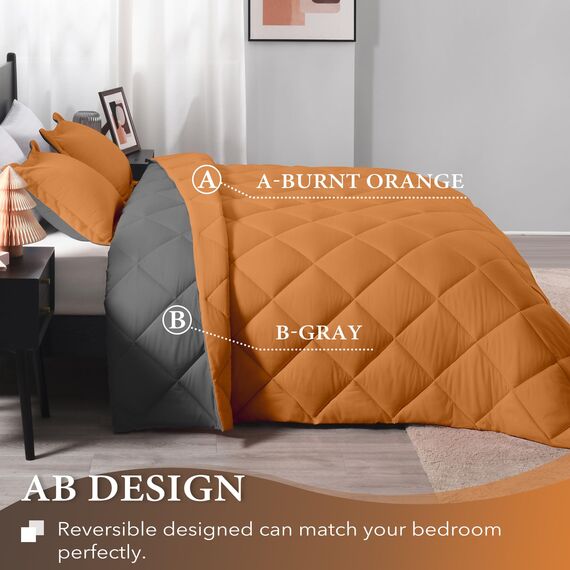 downluxe Queen-Bettwäsche-Set – Burnt Orange und Grey Queen-Bettdecke, weiche Bettwäsche-Sets für alle Jahreszeiten, 3-teilig, 1 Bettdecke (223,5 x 233,7 cm) und 2 Kissenbezüge (50,8 x 66 cm)