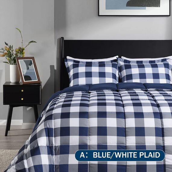 downluxe Bettwäsche-Set für Twin-Size-Betten mit 1 Kissenbezug, 2-teiliges Set, leicht, Daunen-Alternative, wendbare Steppdecke, blau/weiß kariert