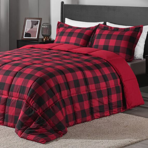 downluxe Bettwäsche-Set für Twin-Size-Betten mit 1 Kissenbezug, 2-teiliges Set, leicht, Daunen-Alternative, wendbare Steppdecke, rot/schwarz kariert