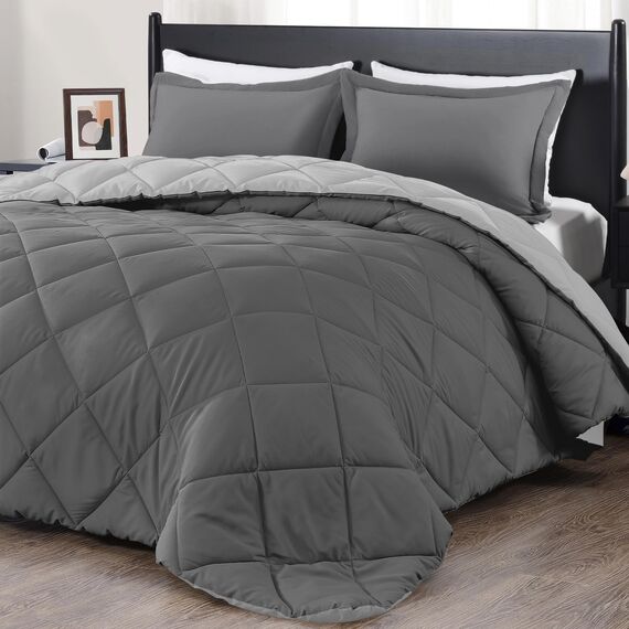 downluxe Bettwäsche-Set für King-Size-Betten, weiches Bettwäsche-Set für alle Jahreszeiten, 1 Bettdecke (264,2 x 233,7 cm) und 2 Kissenbezüge (50,8 x 91,4 cm), Anthrazit und Grau