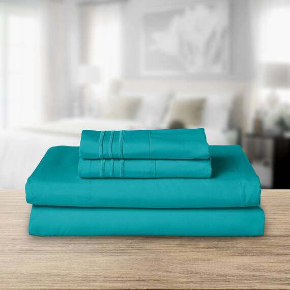 Elegant Comfort Luxuriöses 1500 Premium-Bettwäsche-Set aus Mikrofaser in Hotelqualität, dreireihig, Bestickt, weichstes 4-teiliges Bettlaken-Set, Knitter- und lichtbeständig, Queen, Türkis