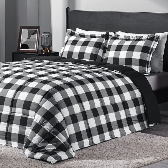 downluxe Leichtes Karomuster-Set (King-Size) mit 2 Kissenbezügen – 3-teiliges Set – schwarz/weiß kariert – Daunenalternative Wendedecke