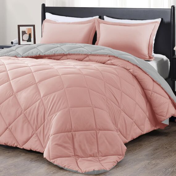 downluxe Bettwäsche-Set für Queen-Size-Betten, weiche Bettwäsche für alle Jahreszeiten, 3-teilig, 1 Bettdecke (223,5 x 233,7 cm) und 2 Kissenbezüge (50,8 x 66 cm), Rosa und Grau