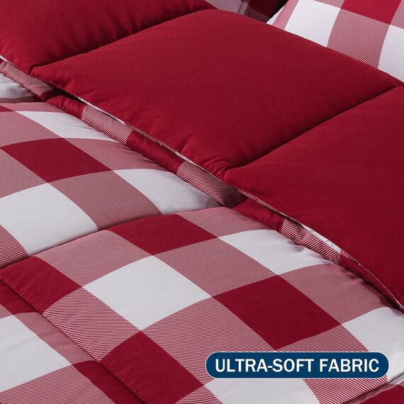 downluxe Bettwäsche-Set für King-Size-Betten mit 2 Kissenbezügen, 3-teiliges Set, leicht, Daunen-Alternative, wendbare Steppdecke, rot/weiß, kariert