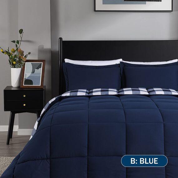 downluxe Leichtes Plaid Bettwäsche-Set (Queen) mit 2 Kissenbezügen – 3-teiliges Set – blau/weiß kariert – Daunenalternative Wendedecke
