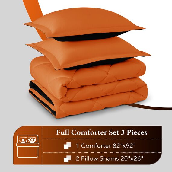 downluxe Steppdecken-Set in voller Größe, leichte, solide Daunen-Alternative, wendbar, 3-teiliges Bettdecken-Set mit 2 wendbaren Kissenbezügen (Orange/Schwarz)