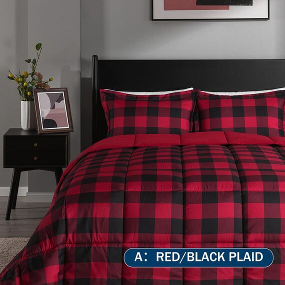 downluxe Leichtes Kariertes Bettwäsche-Set (King-Size) mit 2 Kissenbezügen, 3-teiliges Set, rot/schwarz kariert, Daunen-Alternative, wendbare Bettdecke